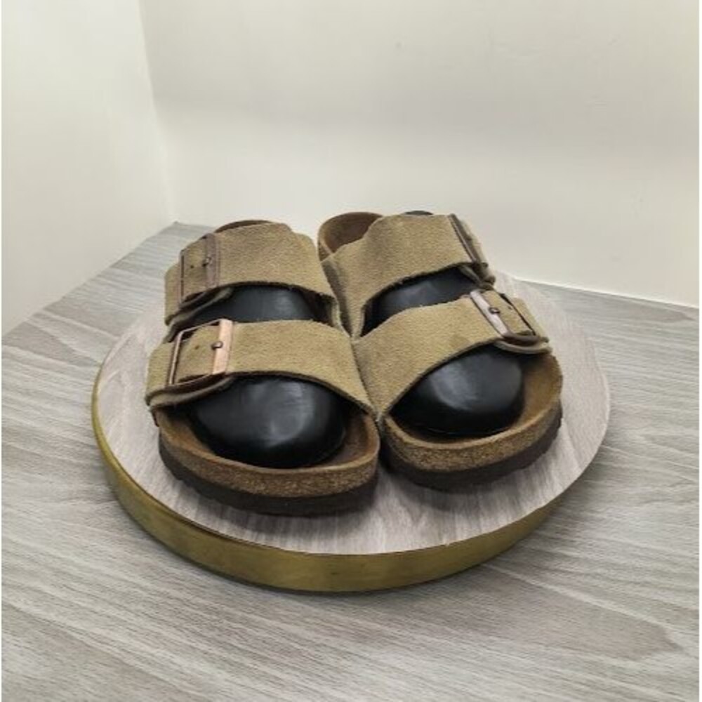 Birkenstock Taupe Suede 2-Strap Adjustable Buckle Slide Sandals Women EU 38